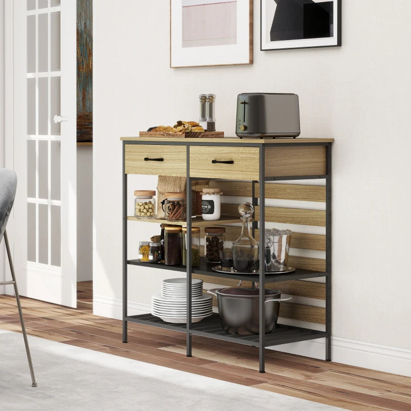 HOMCOM Buffet cuisine, meuble de rangement avec 2 tiroirs et 3 étagères ouvertes, 90 x 40 x 91 cm, bois naturel et noir