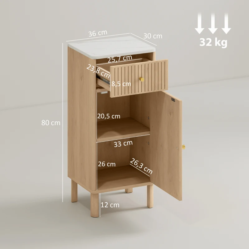 HOMCOM Meuble de salle de bain, meuble de rangement avec plateau effet marbre et porte rainurée, tiroir 36 x 30 x 80 cm, chêne