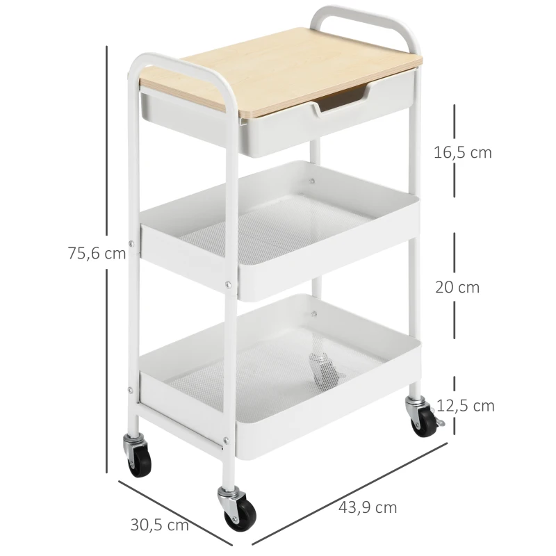 HOMCOM Rolbare Keukenwagen met 2 Planken, Lade, Plank, 4 Wielen, Handvatten, van Staal, Wit