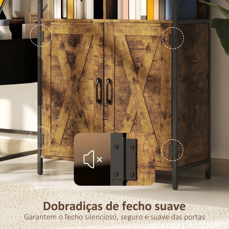 HOMCOM Estante de 6 Níveis Estante de Livros com Compartimentos Abertos 2 Portas Estilo Industrial 75x34x172 cm Castanho Rústico