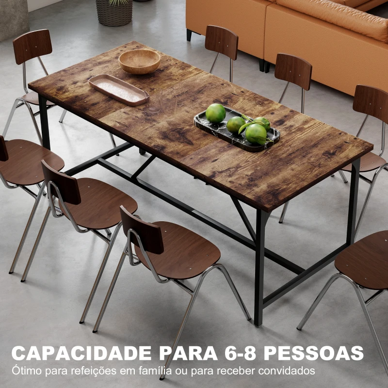 HOMCOM Mesa de Refeição Retangular para 6-8 Pessoas Mesa de Cozinha Industrial com Pés de Metal 180x80x75,5 cm Castanho Rústico