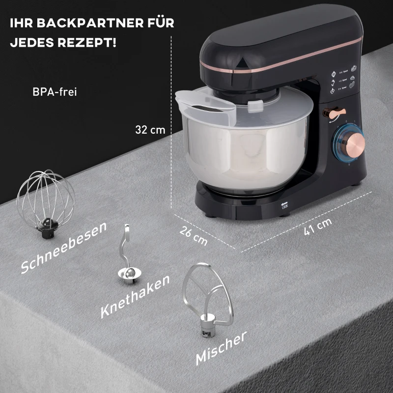 HOMCOM Standmixer, Küchenmaschine, Rührgerät, 6 Stufen, 5,5L Edelstahlschüssel, Schwarz