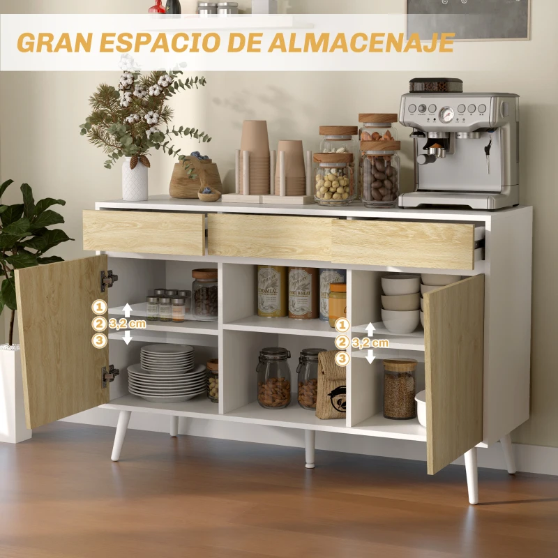 HOMCOM Aparador Moderno con Cajones Estantes Abiertos y Almacenaje Ajustable Para Sala o Comedor 120x39x77 cm Blanco y Natural