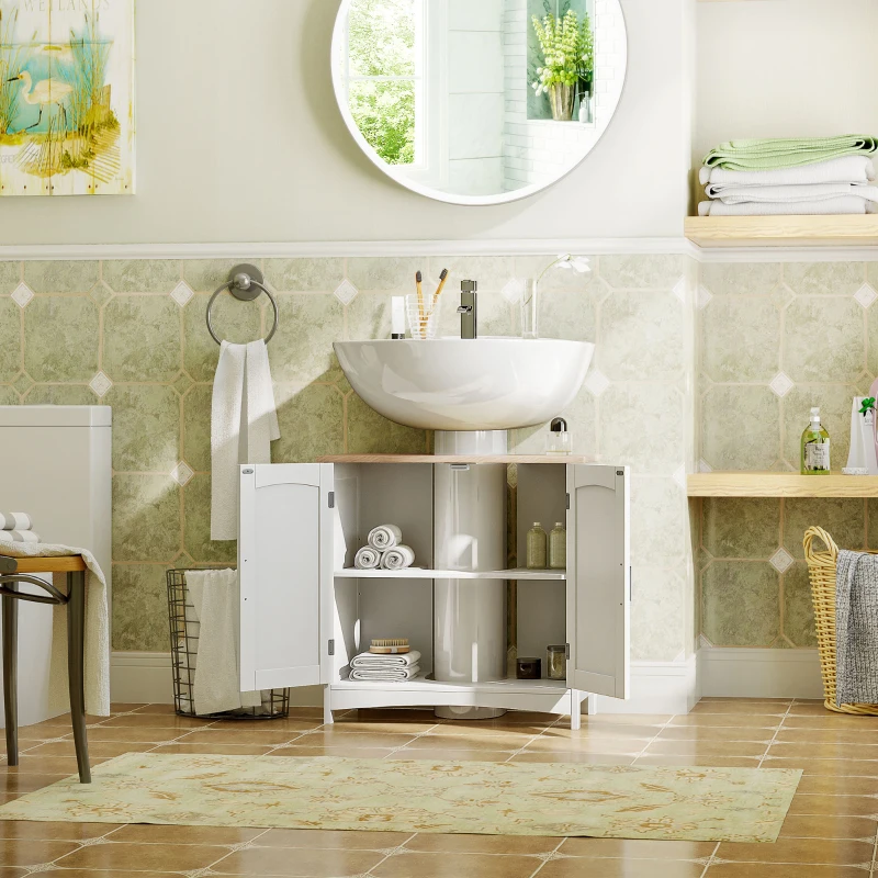 kleankin Mobile Sotto Lavabo Bagno con 2 Ante e Ripiano Regolabile, 60x33x60cm, Legno e Bianco