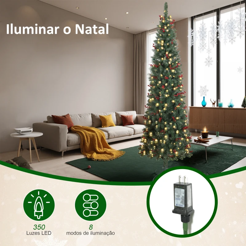 HOMCOM Árvore de Natal Slim 230 cm com Luzes LED 8 Modos de Iluminação 761 Ramos com Purpurina Prateada Pinhas e Bagas Verde