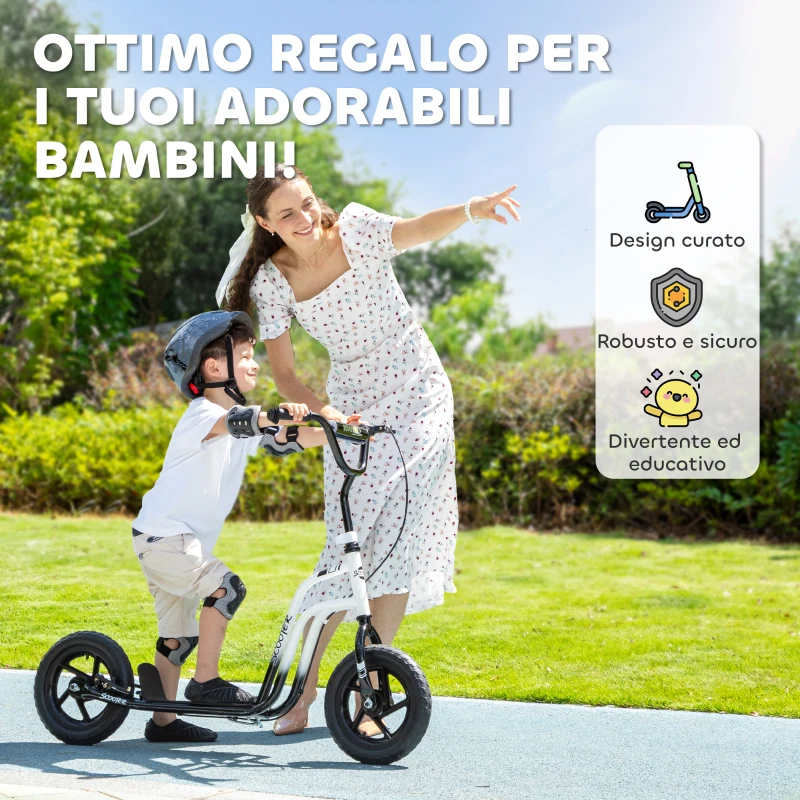 HOMCOM Monopattino per Bambini 5-12 Anni con Freno, Cavalletto e Manubrio Regolabile, 129x52x80-88 cm, Bianco e Nero