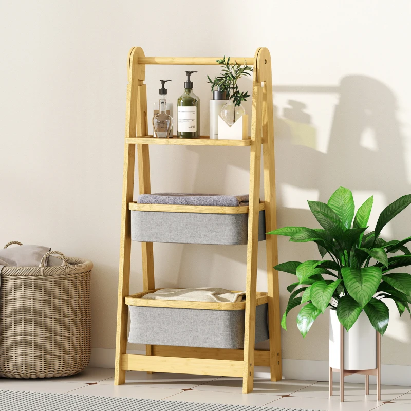 HOMCOM Estante Dobrável para Casa de Banho de Bambu com 2 Cestos para Roupa Suja Estante Aberto 44,5x32x99 cm Cinzento