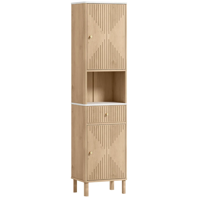 HOMCOM Colonna Bagno con Cassetto, 2 Armadietti e Ripiani Regolabili, Ripiano Effetto Marmo, 41.5x30x168 cm, Rovere