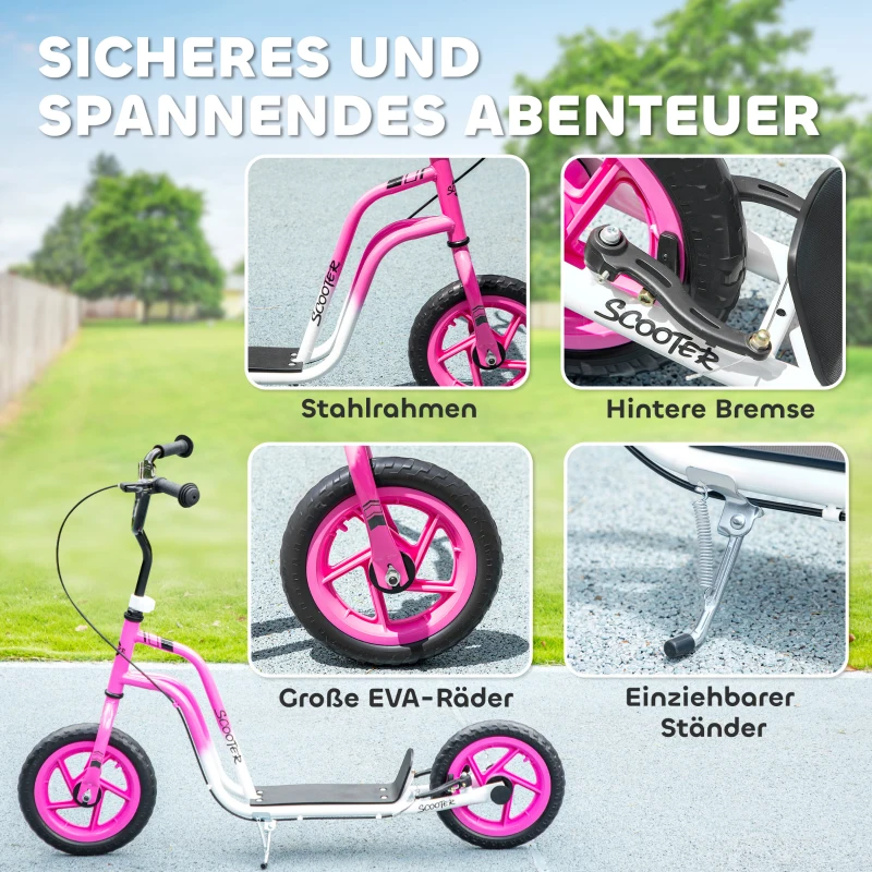 AIYAPLAY Kinderroller met verstelbaar stuur, grote wielen, parkeerstandaard, handrem, voor kinderen van 5-12 jaar, Roze(m-6)