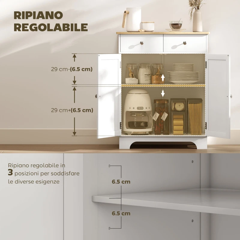 HOMCOM Credenza Bassa con Armadietto 2 Ante, Ripiani Regolabili e 2 Cassetti, Bianco e Legno
