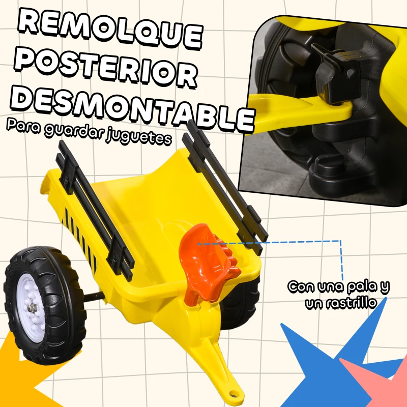 HOMCOM Tractor a Pedales para Niños a partir de 3 Años con Remolque y 2 Herramientas Carga 35 kg 133x42x51 cm Amarillo
