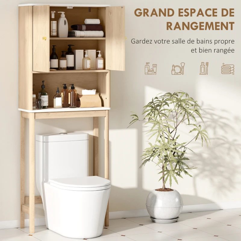 HOMCOM Meuble WC dessus de toilette meuble toilettes WC rangement avec placard à double porte étagères 66 x 25 x 168 cm, chêne(m-5)