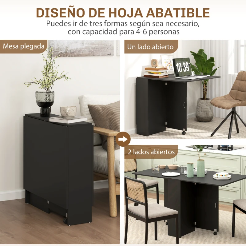 HOMCOM Mesa de Cocina Plegable con 2 Ruedas 2 Estantes de Almacenaje y 2 Alas Abatibles Estilo Moderno 75x140x74 cm Negro