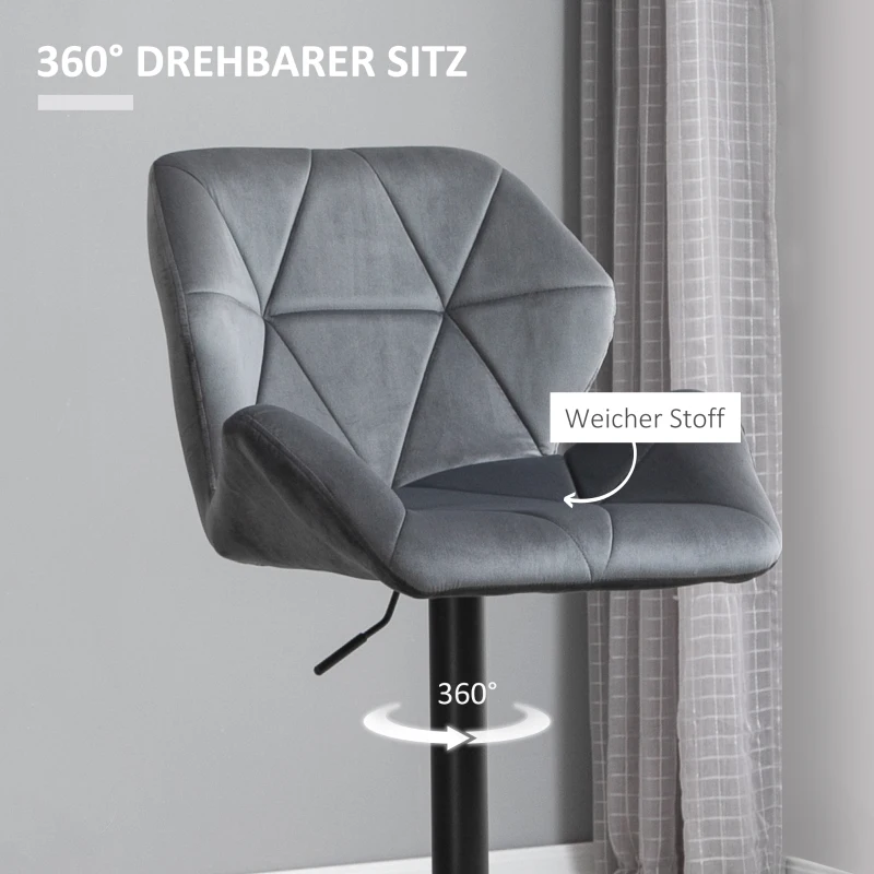 HOMCOM Barhocker 2er Set, Gepolstert Barstuhl mit Metallgestell, Lehne, Samtoptik, Höhenverstellbar 360° Drehbar
