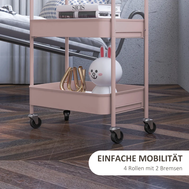 HOMCOM Multifunctionele Winkelwagen Keukenwagen, 3 Planken, 4 Wielen, 45 cm x 30,6 cm x 79 cm, Roze