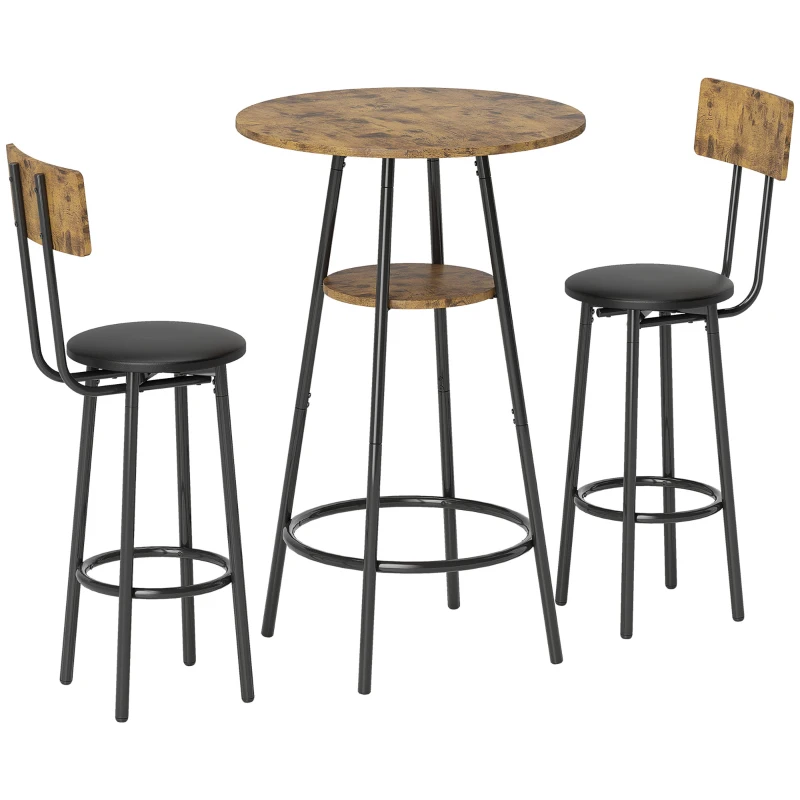HOMCOM 3-teiliges Bartisch-Set mit 2 gepolsterten Hockern, Kunstleder-Bezug, Rückenlehne, Metallgestell, Braun
