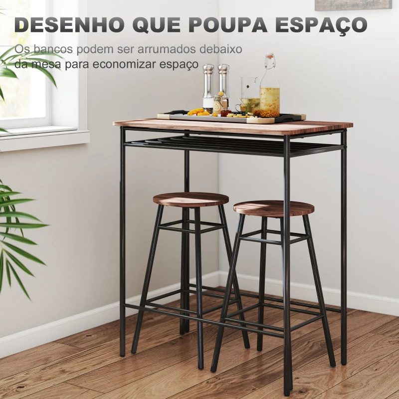 HOMCOM Mesa Alta de Cozinha com 2 Bancos EstiIo Industrial Prateleira Aberta Apoio para Pés para Espaços Reduzidos Castanho