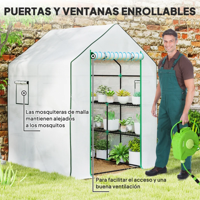 Outsunny Invernadero de Exterior con 6 Estantes Puerta Enrollable Cubierta de PE y Marco de Acero 140x143x190 cm Blanco