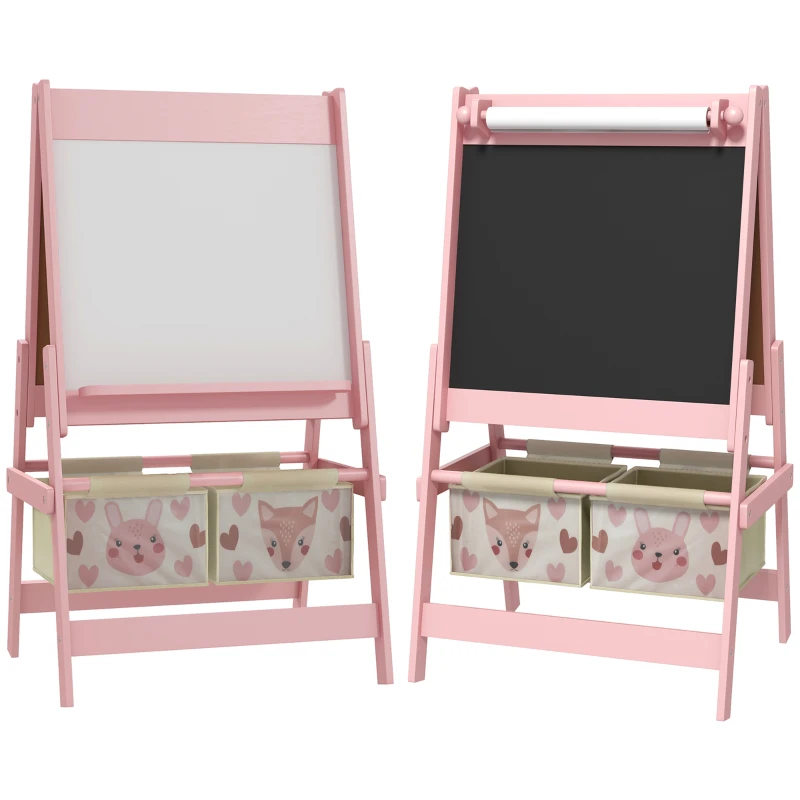 AIYAPLAY 3-in-1 Kinder Staffelei mit Papierrolle, Kreidetafel, Whiteboard, Aufbewahrungskörbe, 54 x 46,5 x 93 cm, rosa