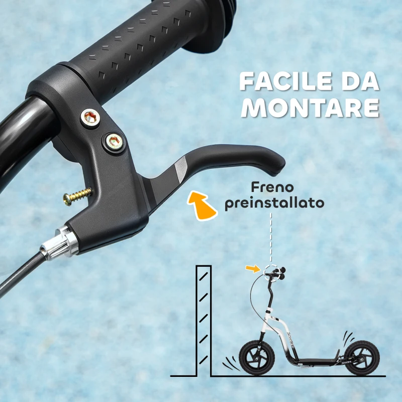 HOMCOM Monopattino per Bambini 5-12 Anni con Freno, Cavalletto e Manubrio Regolabile, 129x52x80-88 cm, Bianco e Nero