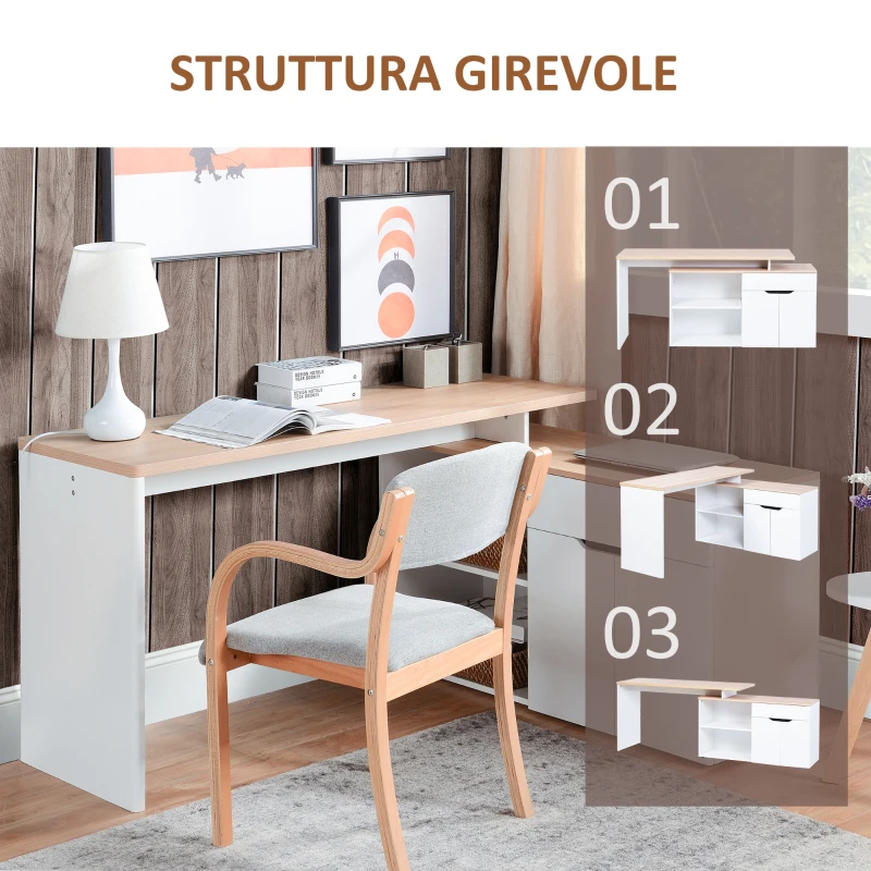 HOMCOM Scrivania Angolare con Libreria a 2 Ripiani, Armadietto e Cassetto, 140x117x76 cm, color Legno e Bianco