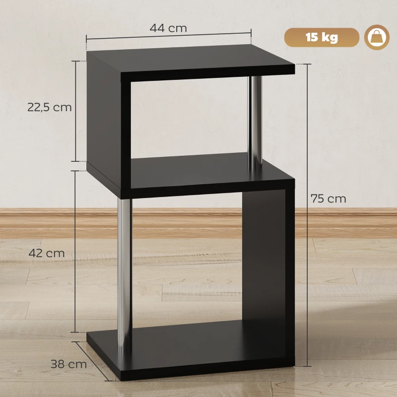 HOMCOM Mesa Auxiliar com Luz LED 3 Níveis Forma de S Prateleiras Abertas e Estrutura em Alumínio 44x38x75 cm Preto Brilhante