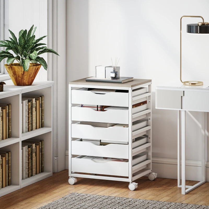 HOMCOM Bürocontainer auf Rollen, Büromöbel mit 5 Schubladen aus Holz, eingelassene Griffe, 50 x 40 x 74,5 cm, weiß