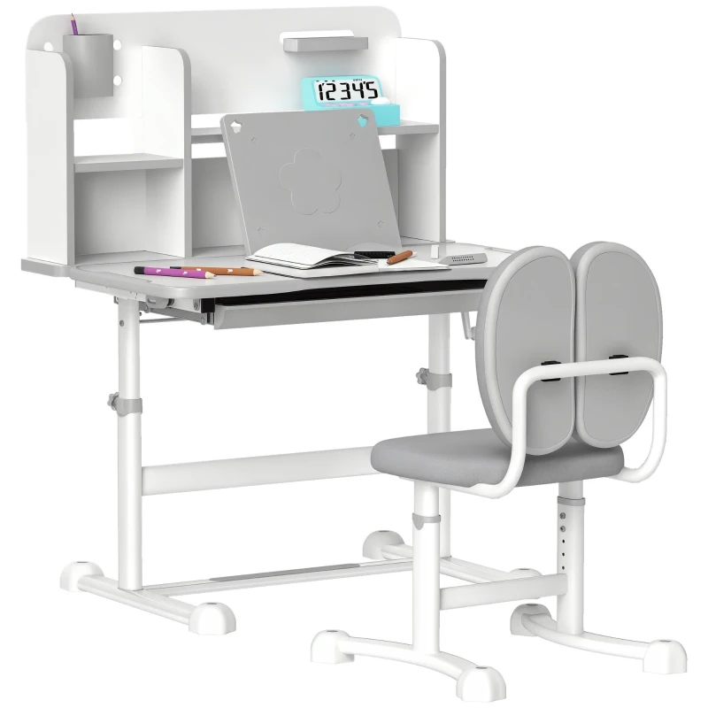 AIYAPLAY Juego de Escritorio y Silla para Niños de +3 Años Altura Ajustable con Tablero Inclinable 80x55x107,5 cm Gris