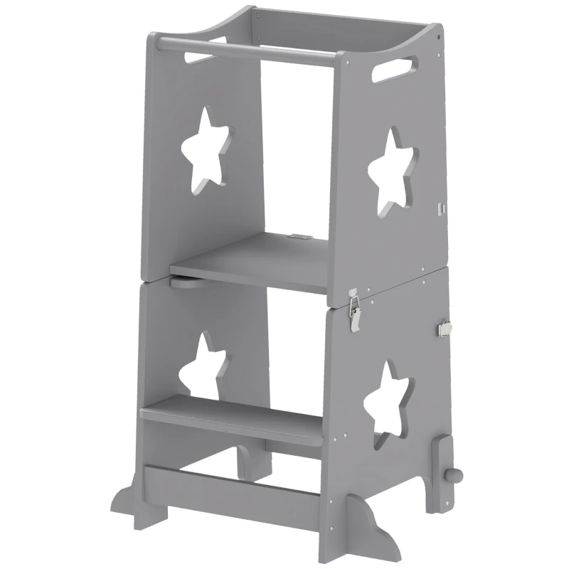 AIYAPLAY Échelle Montessori Convertible en Ensemble Table et Chaises avec Barre de Sécurité, en Bois, 60x44.5x86 cm, Gris