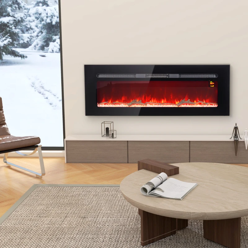 HOMCOM Elektrische haard met wandbevestiging en afstandsbediening, kunstblokken en kristallen, 1800 W vermogen, zwart(m-2)