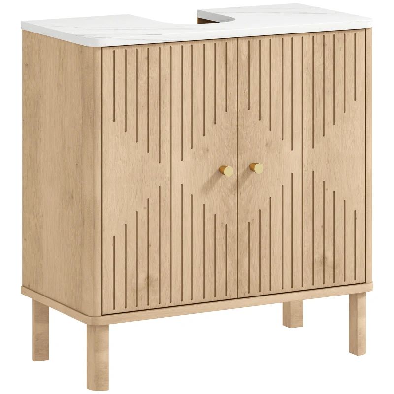 HOMCOM Mobile Sottolavabo a 2 Ante con Ripiano Effetto Marmo e Mensola Regolabile, Rovere