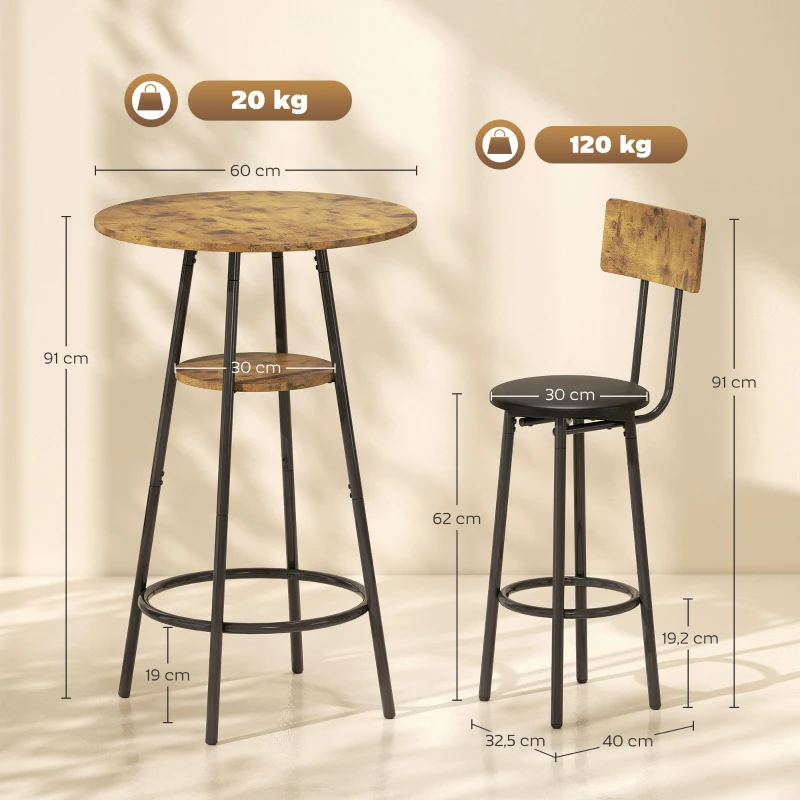 HOMCOM 3-teiliges Bartisch-Set mit 2 gepolsterten Hockern, Kunstleder-Bezug, Rückenlehne, Metallgestell, Braun(m-3)