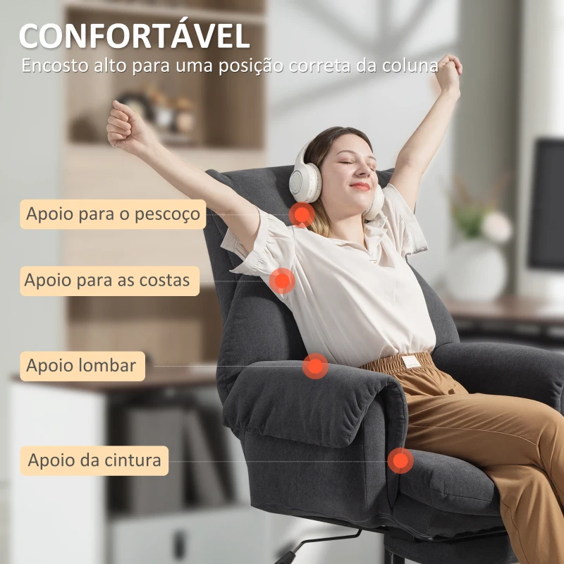 HOMCOM Cadeira de Secretária com Apoio para os Pés Encosto Reclinável e Acolchoada Espesso 80x80x106-114 cm Cinzento