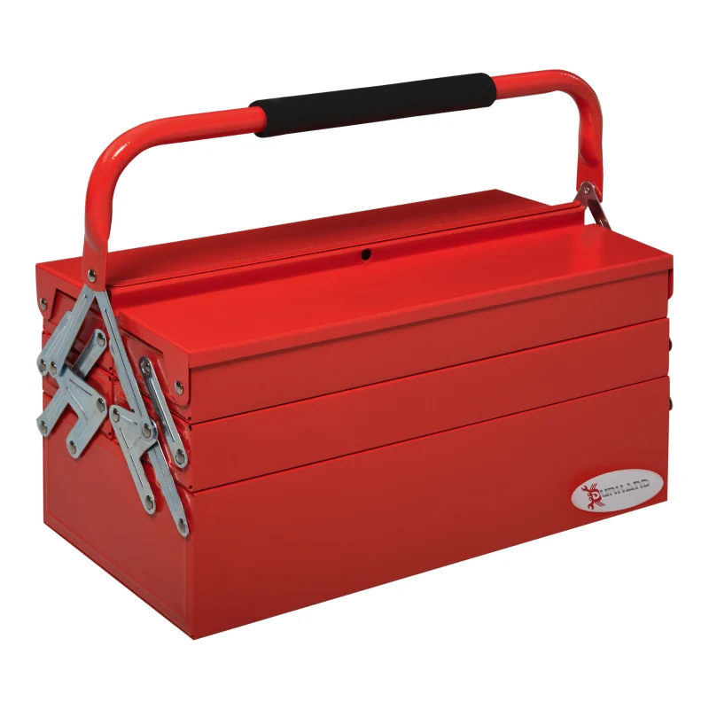 DURHAND Caja de Herramientas de Acero Plegable con 5 Compartimentos Maletín de Herramientas con Mango para Taller Hogar 45x20x34,5 cm Rojo