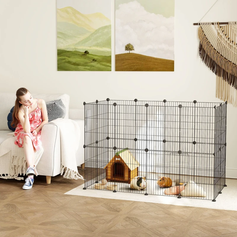 PawHut Jaula para Animales Pequeños Valla Metálica Modular para Mascotas con Puerta y Paneles de Acero 120x60x80 cm Negro
