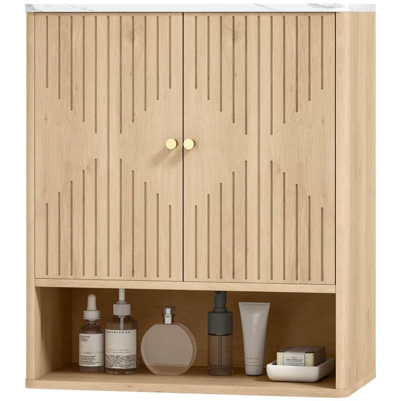 HOMCOM Armoire murale de salle de bain, meuble de rangement avec compartiment ouvert et étagère réglable, 60 x 18 x 70 cm chêne