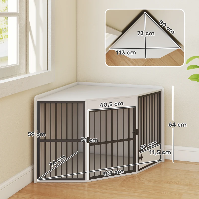 PawHut Hondenbox, Schuilbox voor Kleine en Middelgrote Honden, Huisdierbox met Voedingsdeur, MDF, Metaal, Wit(m-3)