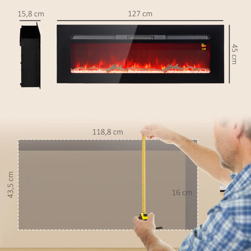 HOMCOM Elektrische haard met wandbevestiging en afstandsbediening, kunstblokken en kristallen, 1800 W vermogen, zwart(m-3)