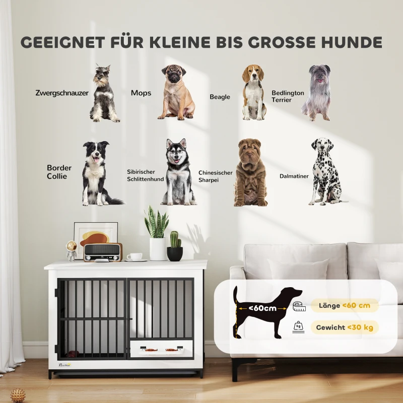 PawHut Grote hondenbox, gemakkelijke toegang, vergrendeld, draaibare komhouder, voor kleine en grote honden, Wit(m-8)