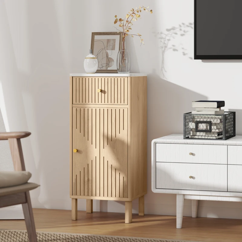 HOMCOM Meuble de salle de bain, meuble de rangement avec plateau effet marbre et porte rainurée, tiroir 36 x 30 x 80 cm, chêne