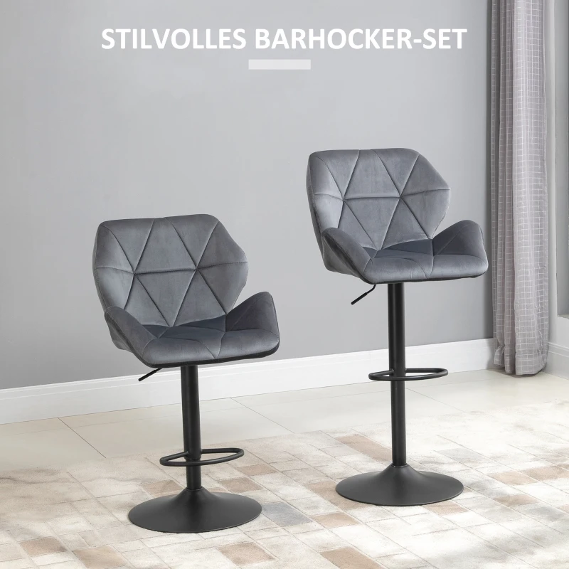 HOMCOM Barhocker 2er Set, Gepolstert Barstuhl mit Metallgestell, Lehne, Samtoptik, Höhenverstellbar 360° Drehbar