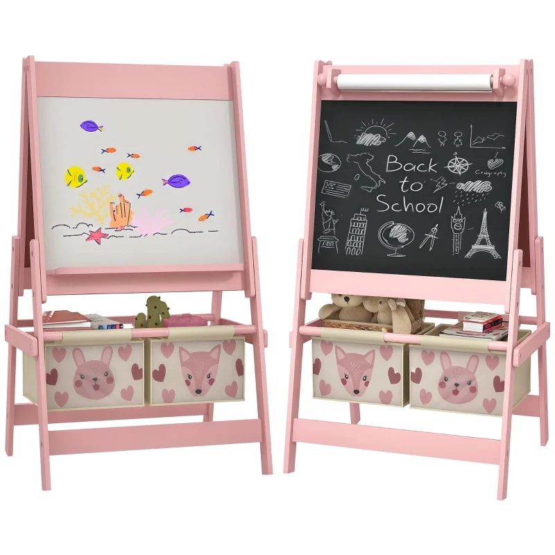 AIYAPLAY 3-in-1 Kinder Staffelei mit Papierrolle, Kreidetafel, Whiteboard, Aufbewahrungskörbe, 54 x 46,5 x 93 cm, rosa