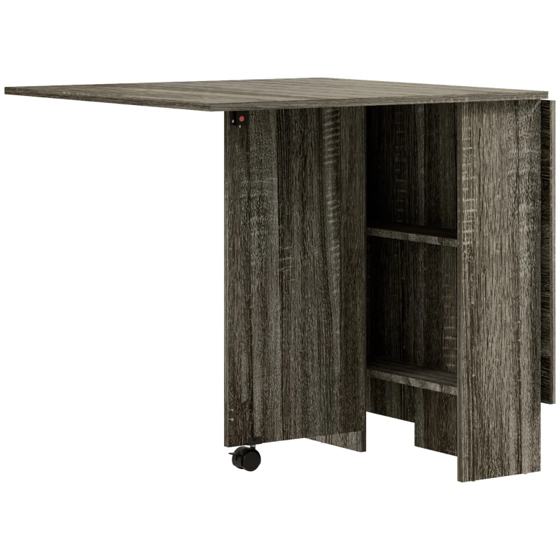 HOMCOM Folding Dining Table, Drop Leaf Table with 2-Tier Shelves, Rolling Casters, for Small Spaces, Kitchen, Grey