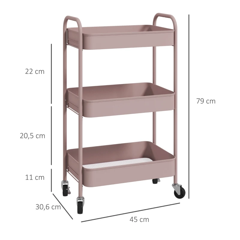 HOMCOM Multifunctionele Winkelwagen Keukenwagen, 3 Planken, 4 Wielen, 45 cm x 30,6 cm x 79 cm, Roze
