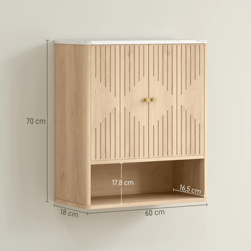 HOMCOM Armoire murale de salle de bain, meuble de rangement avec compartiment ouvert et étagère réglable, 60 x 18 x 70 cm chêne