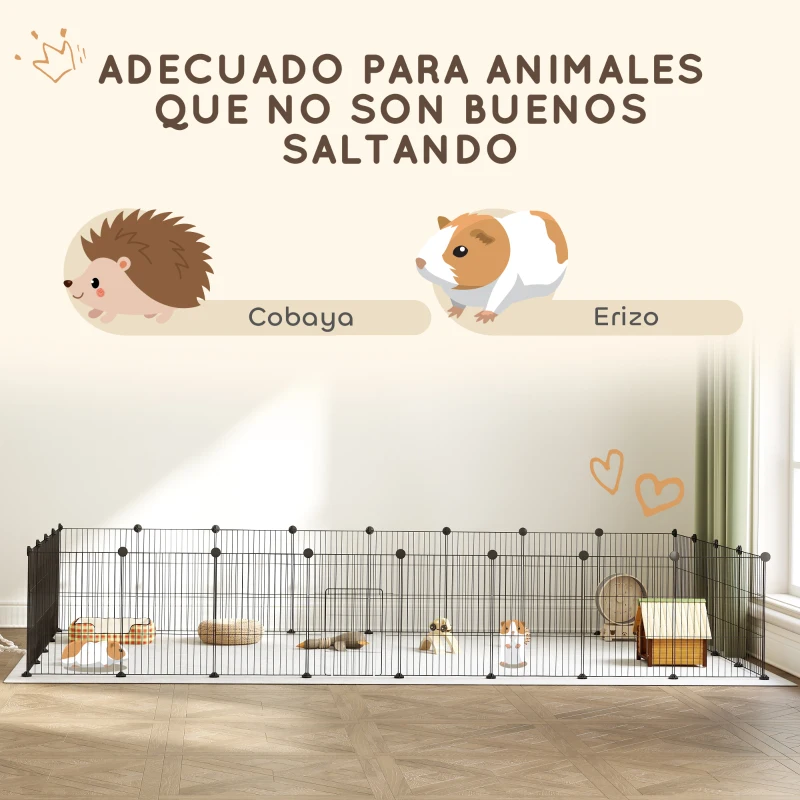PawHut Jaula para Animales Pequeños Valla Metálica Modular para Mascotas con Puerta y Paneles de Acero 120x60x80 cm Negro