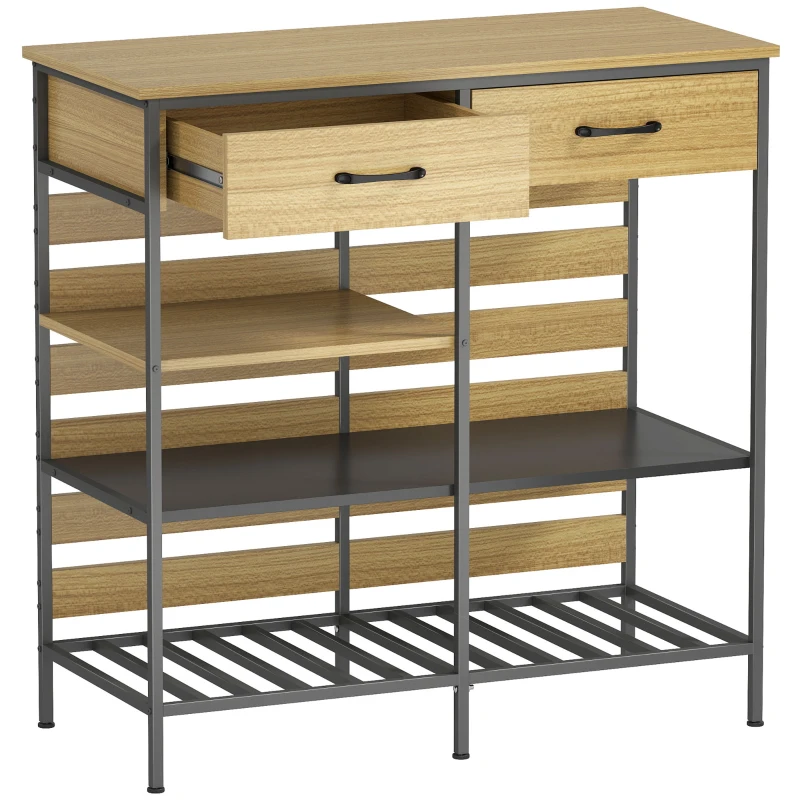HOMCOM Buffet Küche, Aufbewahrungsmöbel mit 2 Schubladen und 3 offenen Regalen, 90 x 40 x 91 cm, Naturholz und Schwarz