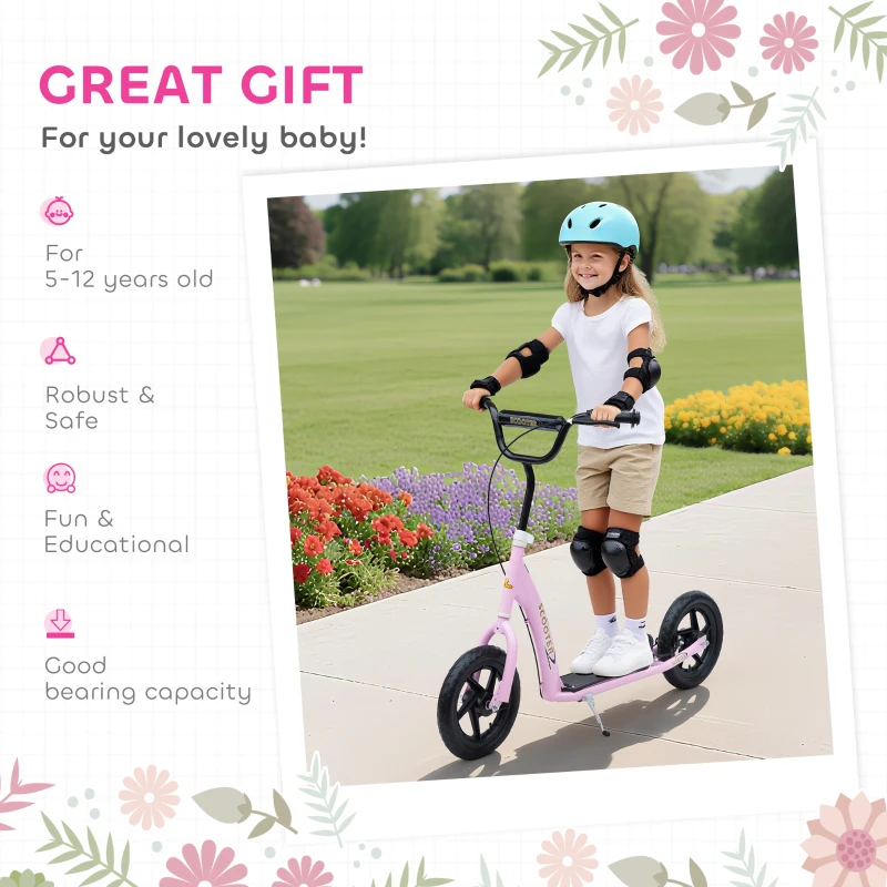 HOMCOM Kids Scooter Kick Scooter, with 12" EVA Tyres, Rear Brake, Big Wheels Scooter for 5-12 Years , Pink