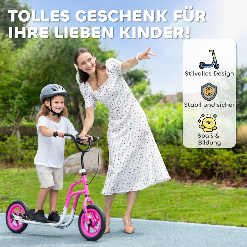 AIYAPLAY Kinderroller met verstelbaar stuur, grote wielen, parkeerstandaard, handrem, voor kinderen van 5-12 jaar, Roze(m-7)