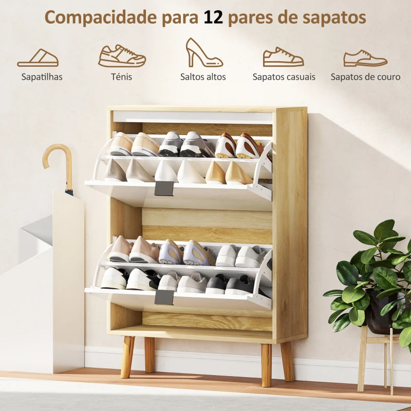 HOMCOM Sapateira Estreita com 2 Portas em Branco Brilhante e Estantes Ajustáveis Pés de Madeira para 12 Pares de Sapatos 60x24x91 cm